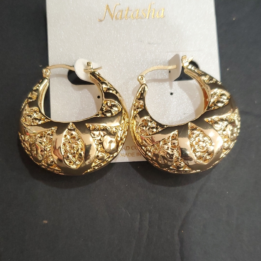 Natasha couture Gold Textured etched bow‎ embossed Crescent Hoop hollow Earrings